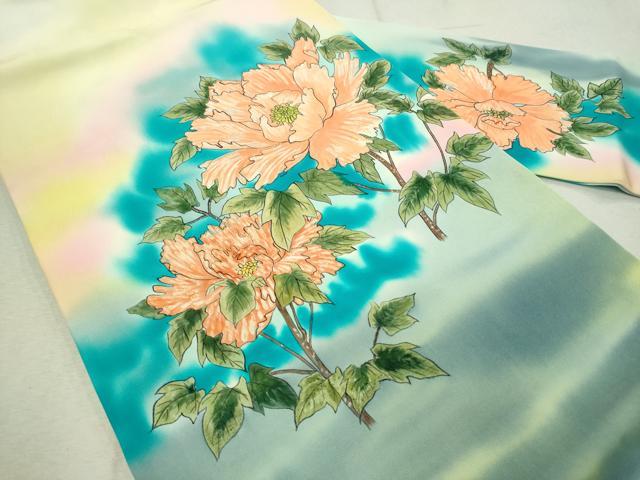 平和屋着物●瀧蒼雲　塩瀬　九寸名古屋帯　手描き　枝牡丹　正絹　逸品　CAAV8719vp