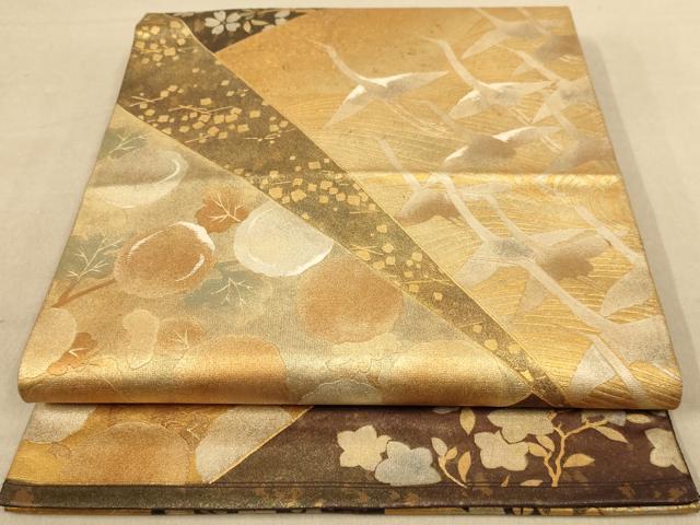 平和屋着物◎六通柄袋帯　飛鶴花文　金銀彩　正絹　逸品　AAAZ5764dt