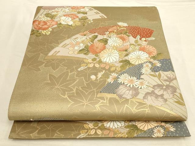 Obi - 平和屋着物◎六通柄袋帯　扇面花文　金糸　正絹　逸品　AAAP1136tm