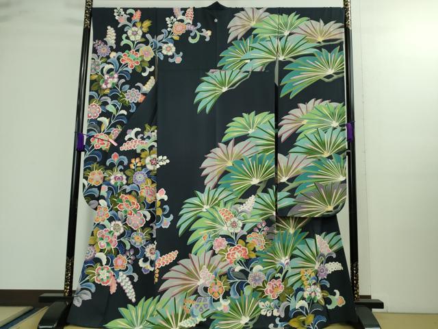 平和屋本店●極上　振袖　友禅　作家物・泰和　松花文　藍鉄色地　逸品　DZAA9893kh5