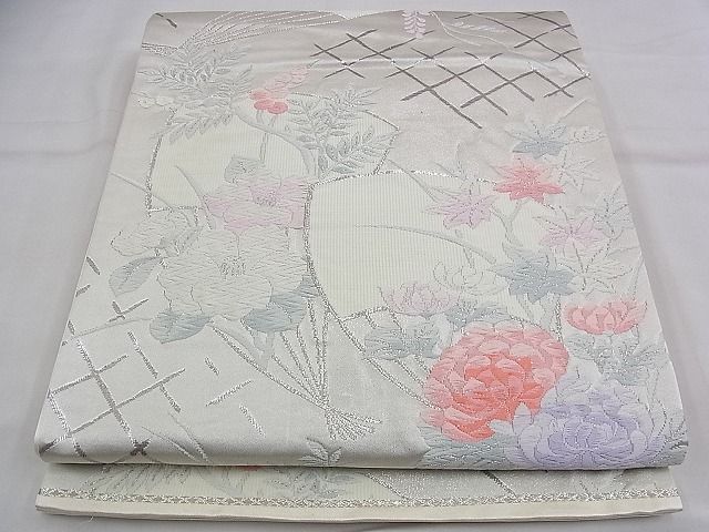 平和屋着物■六通柄袋帯 唐織 扇面草花文 銀糸 逸品 n-bg0357
