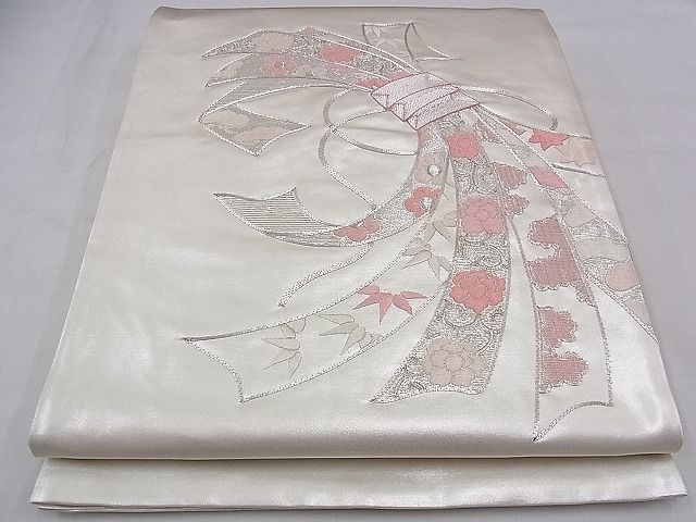 平和屋着物■太鼓柄袋帯 総刺繍 駒刺繍 束ね熨斗花文 銀糸 逸品 n-bg0379