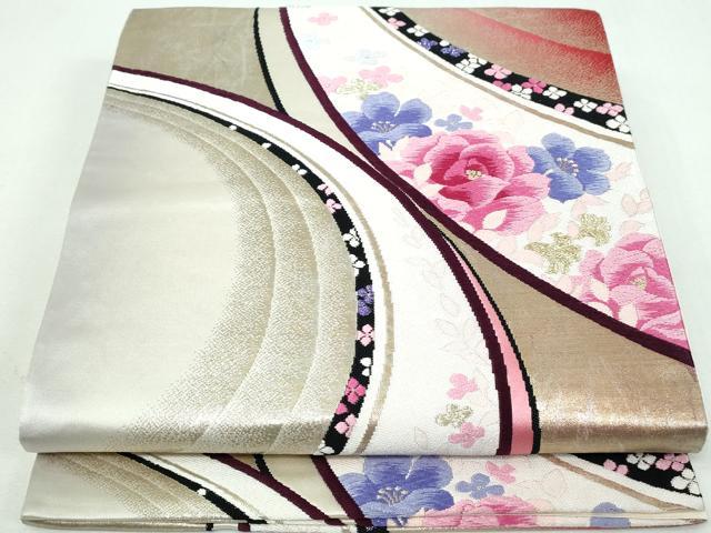 平和屋着物◎六通柄袋帯　唐織　幾何学花文　金糸　正絹　逸品　DAAT2249qa