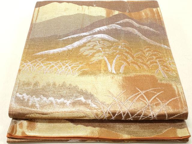 平和屋着物◎六通柄袋帯　重ね山風景文　金銀糸　正絹　逸品　DAAV0889qa