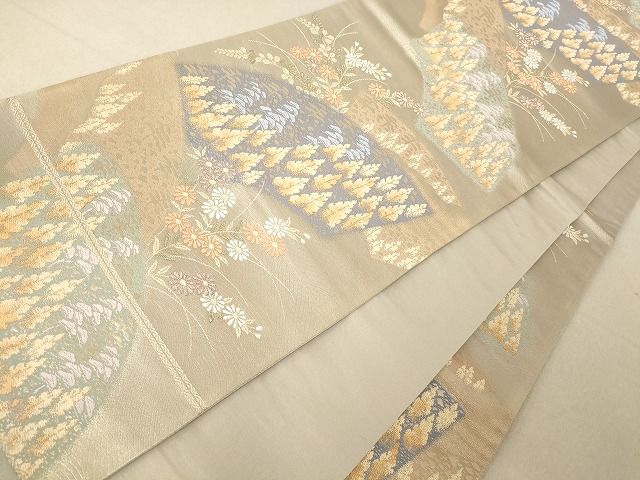 平和屋着物◎六通柄袋帯　扇面草花文　金銀糸　正絹　逸品　AAAI7574Bfw