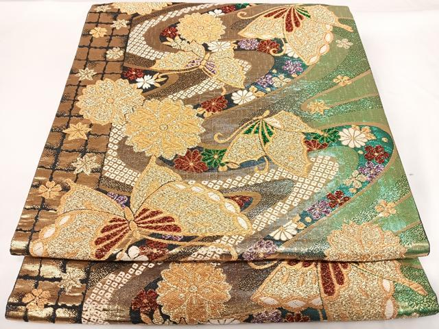 平和屋着物◎六通柄袋帯　流水花蝶文　金糸　正絹　逸品　AABF4971yx