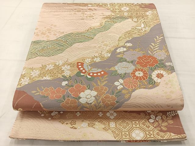 平和屋着物◎六通柄袋帯 唐織 道長舞蝶花文 金糸 正絹 逸品 AABC8889uk