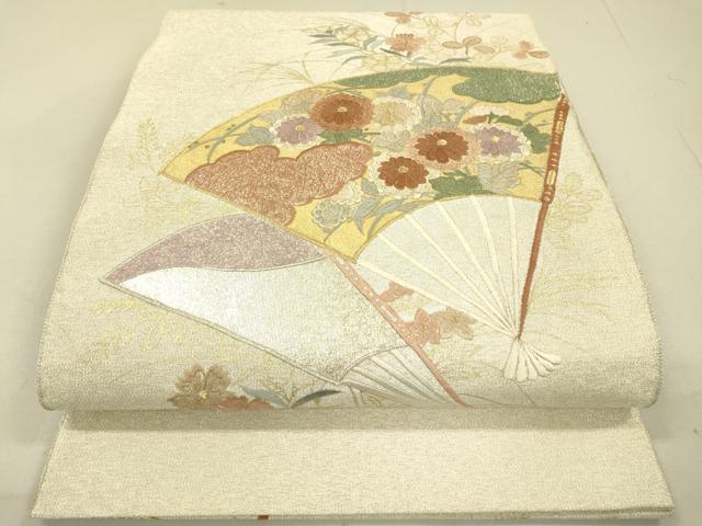 平和屋着物●綴れ　太鼓柄袋帯　刺繍　扇面花文　金銀彩　正絹　逸品　DAAJ6593fe