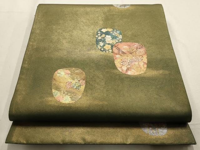 平和屋着物▼太鼓柄袋帯　草花文　金彩　引箔　正絹　逸品　AABD8057wj