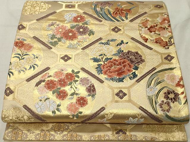 平和屋着物▼六通柄袋帯　唐織　蜀江花丸文　金糸　正絹　逸品　CAAV5345yk