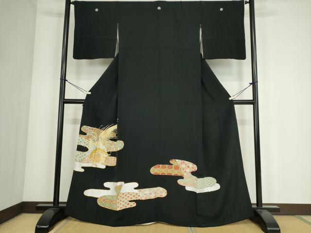 平和屋着物■豪華黒留袖　駒刺繍　尾長鳥霞文　金糸　正絹　逸品　DAAK8562az