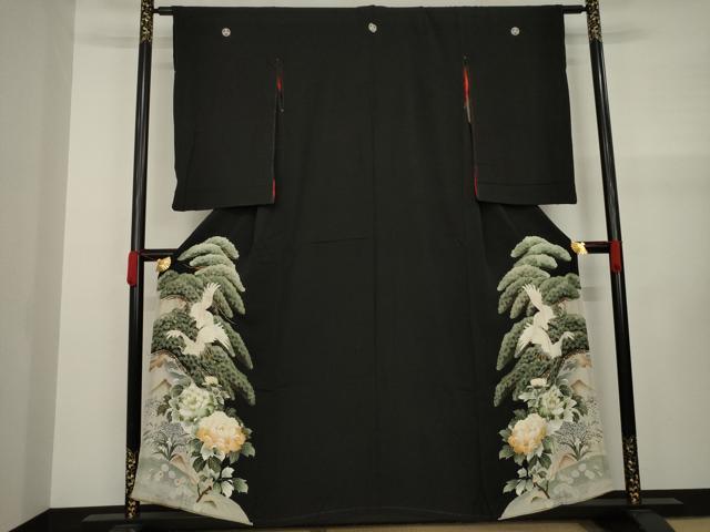 平和屋着物●アンティーク 大正ロマン 黒留袖 型友禅 両妻 飛鶴花文 金糸 正絹 逸品 AAAY4739ck