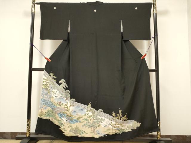 平和屋着物■豪華黒留袖 駒刺繍 風景群鶴松文 正絹 逸品 DAAS9511ma