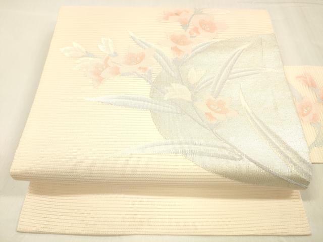 平和屋着物＊夏物　九寸名古屋帯　草花文　銀糸　正絹　逸品　DABC8653cm