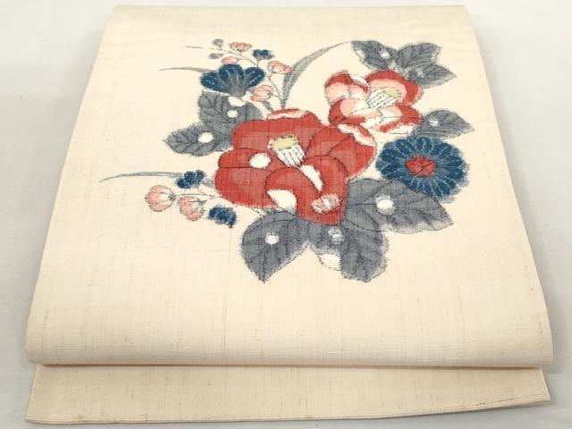 平和屋着物◎太鼓柄袋帯　紬地　草花文　正絹　逸品　AAAL5351az