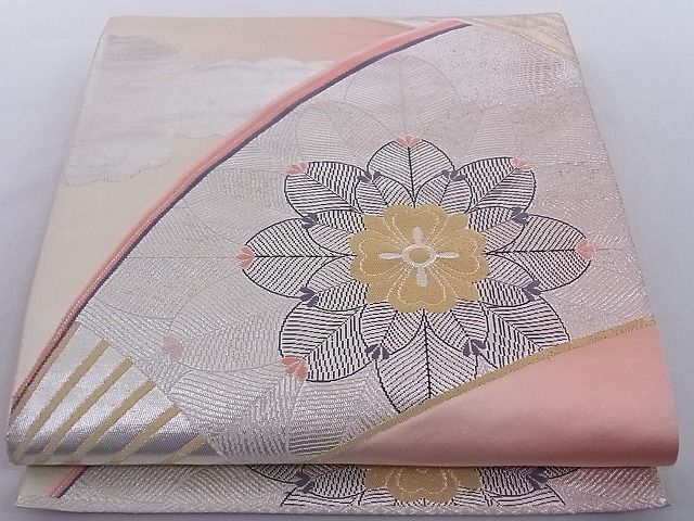 平和屋着物■六通柄袋帯　唐織　扇面舞花文　銀彩　金糸　正絹　逸品　A-az5972