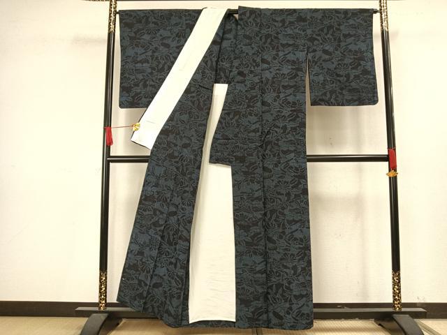 平和屋着物▽結城紬　単衣　草花文　正絹　逸品　AAAV8343fy
