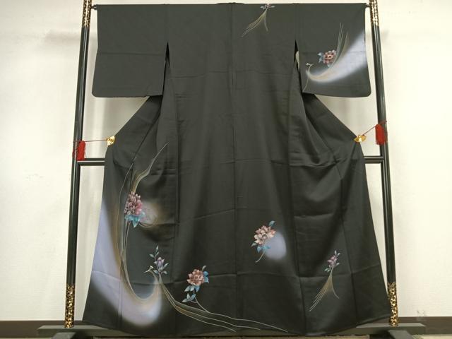 平和屋着物▽訪問着　単衣　草花文　暈し染め　黒地　金銀彩　正絹　逸品　AAAV8406fy