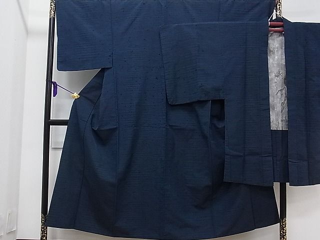 平和屋川間店■男性　髭紬　アンサンブル　濃藍色　逸品　ch6637