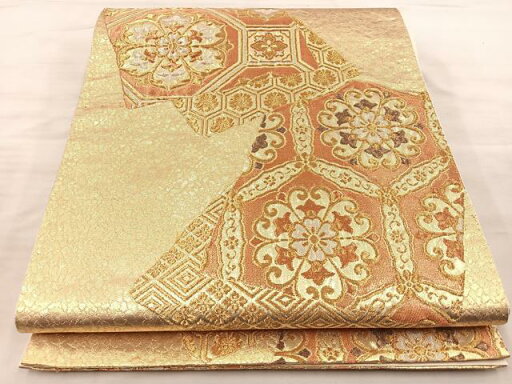 平和屋着物◎六通柄袋帯 ふくれ織 色紙花文 金糸 正絹 逸品 BAAQ6378if 平和屋着物◎六通柄袋帯 ふくれ織 色紙花文 金糸 正絹 逸品 BAAQ6378if