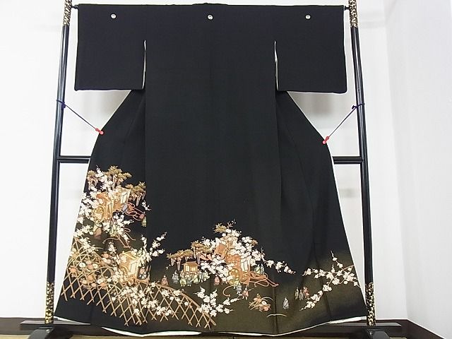 平和屋2■豪華黒留袖　駒刺繍　寿光織　御所車人物草花文　金糸　逸品　DAAC7603ud