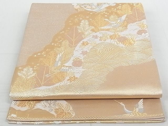 平和屋着物◎六通柄袋帯 飛鶴流水花文 金銀糸 正絹 逸品 AAAI1305Ast