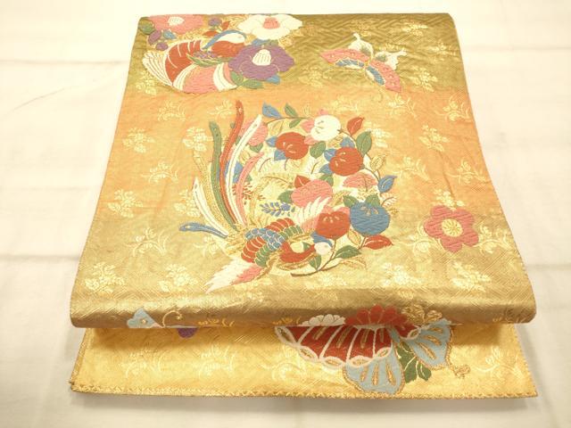 平和屋着物◎佐賀錦　六通柄袋帯　唐織　舞蝶花鳥丸文　金糸　正絹　逸品　AAAP2322fw