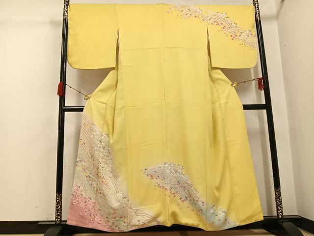 平和屋着物●訪問着　絞り　流水花文　暈し染め　銀糸　正絹　逸品　AABH3094ph