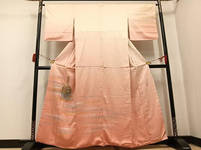 平和屋着物●人間国宝　福田喜三郎　訪問着　刺繍　陶器草花文　暈し染め　金銀彩　正絹　逸品　AABI8532ph
