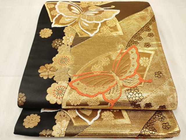 平和屋着物[]女の子　子供　全通柄袋帯　地紙花蝶文　黒地　金糸　逸品　DABC5407ma