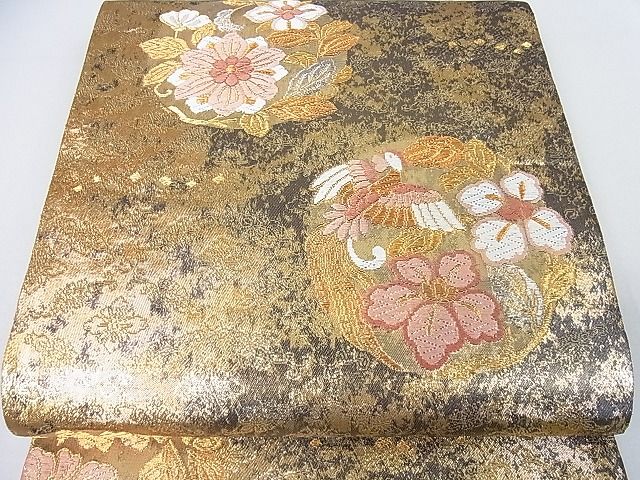 平和屋2◎六通柄袋帯　唐織　花鳥丸文　金糸　逸品　DAAA7933sf