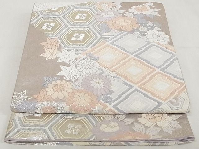 平和屋着物◎六通柄袋帯　唐織　吉祥花文　銀糸　正絹　逸品　AAAI1455Aex