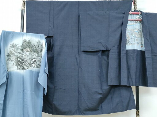 平和屋着物■男性 紬 色無地 アンサンブル・長襦袢セット 紺色 正絹 逸品 CAAP8432fb 平和屋着物■男性 紬 色無地 アンサンブル・長襦袢セット 紺色 正絹 逸品 CAAP8432fb