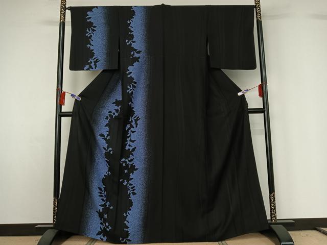 平和屋着物▽訪問着　単衣　片身替わり　草花文　黒地　正絹　逸品　AABG8672jh...