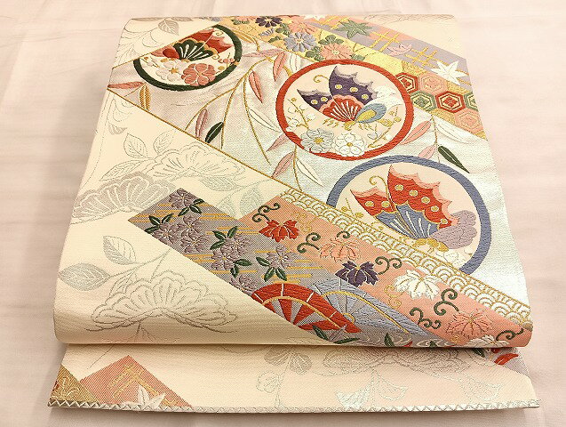 平和屋着物◎六通柄袋帯 唐織 花蝶丸文 金銀糸 正絹 逸品 BAAL2123du