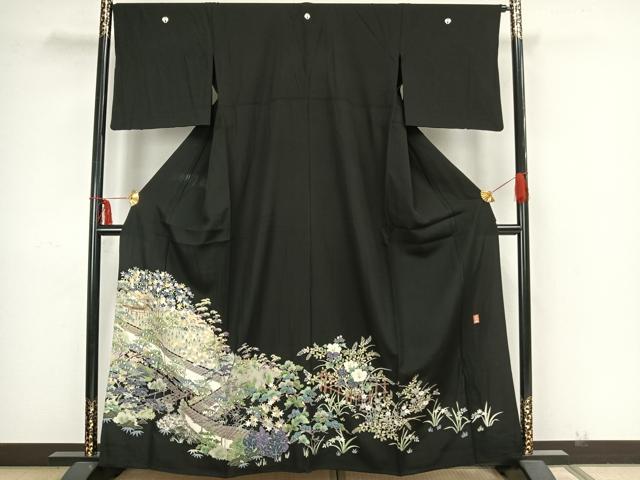 平和屋着物▽豪華黒留袖 単衣 友禅 作家物 風景枝花文 黒地 正絹 逸品 AAAZ9141fy