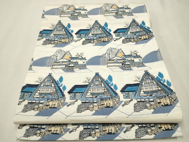 平和屋着物▼太鼓柄袋帯　紬地　風景文　正絹　逸品　CAAT8052hy