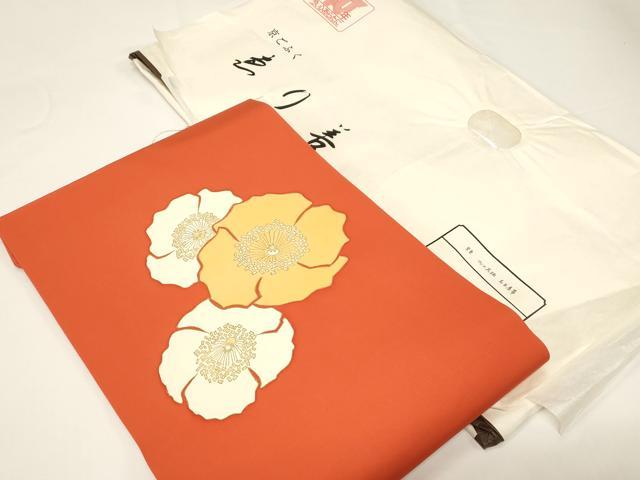 平和屋着物●塩瀬　九寸名古屋帯　けしの花柄　金彩　えり善扱い　たとう紙付き　正絹　逸品　CABD4324dy
