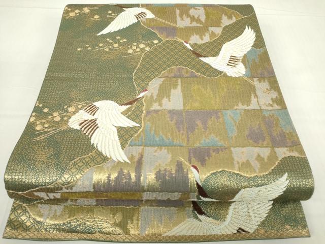 平和屋着物▼六通柄袋帯　箔散らし飛鶴文　金糸　正絹　逸品　DABC3971az