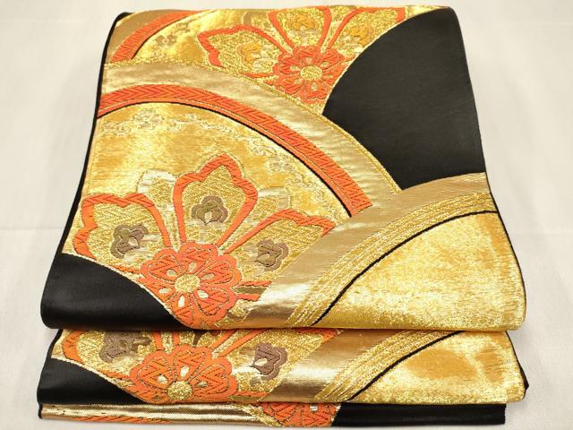 平和屋着物[]女の子　子供　全通柄袋帯　洋花青海波　黒地　金糸　逸品　DABC5408ma