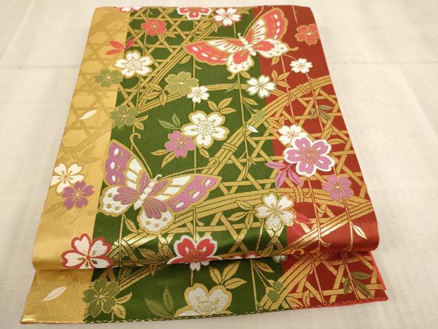 平和屋着物∵子供 全通柄袋帯 篭目舞蝶桜文 金糸 AABE2159ja