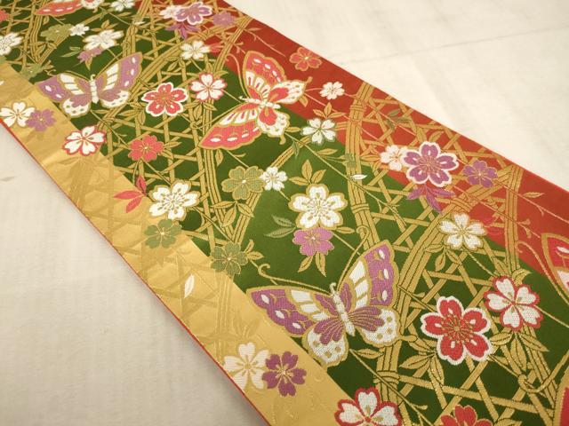 平和屋着物∵子供　全通柄袋帯　篭目舞蝶桜文　金糸　AABE2159ja