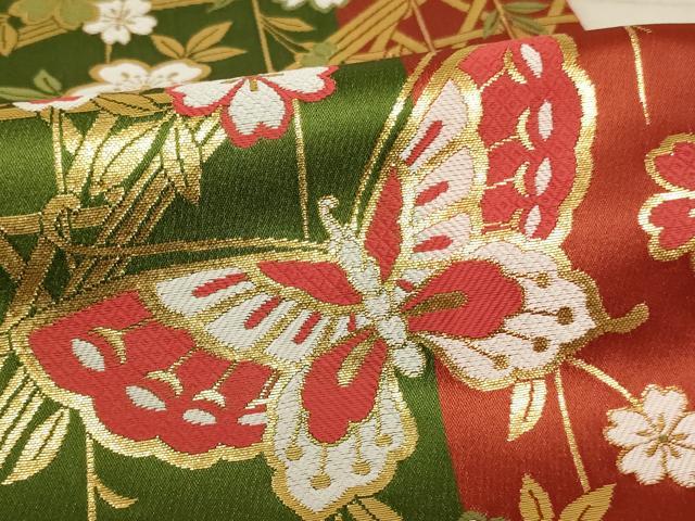平和屋着物∵子供　全通柄袋帯　篭目舞蝶桜文　金糸　AABE2159ja