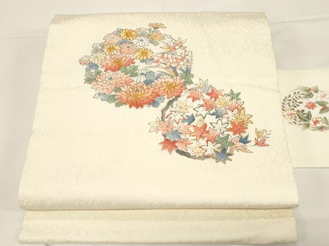 平和屋着物●九寸名古屋帯　駒刺繍　草花丸文　正絹　逸品　CABD4327dy