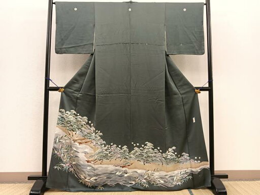 平和屋着物■豪華色留袖 友禅 作家物 駒刺繍 苫舟流水秋草文 正絹 逸品 BAAN0251yt 平和屋着物■豪華色留袖 友禅 作家物 駒刺繍 苫舟流水秋草文 正絹 逸品 BAAN0251yt