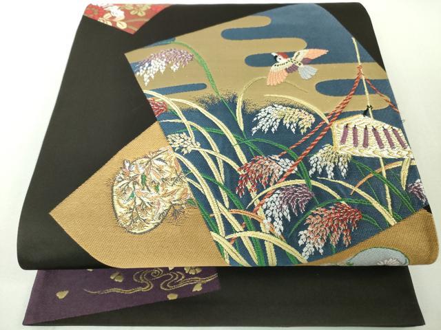 平和屋本店■極上　世界的人形師　辻村寿三郎　ジュサブロー　全通柄袋帯　色紙重ね花鳥文　黒地　金糸　逸品　DZAA4349kh5