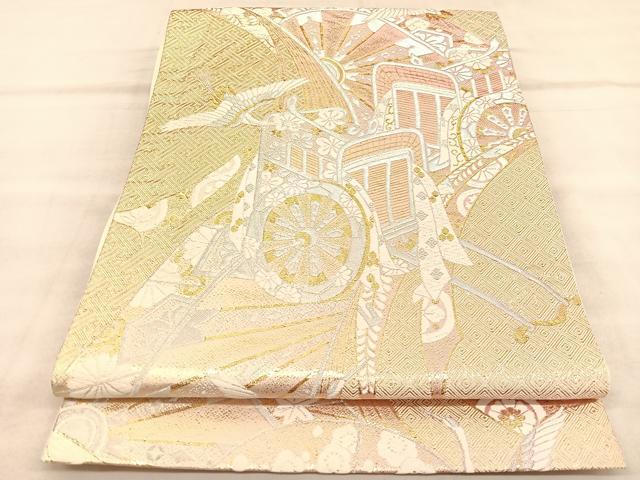平和屋着物◎六通柄袋帯 唐織 源氏車飛鶴花文 金銀糸 正絹 逸品 BAAU8237hv