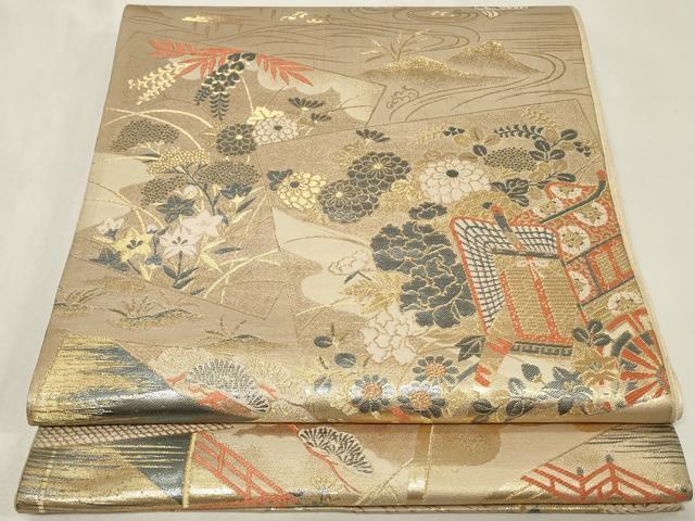 平和屋着物◎六通柄袋帯　色紙御所車花文　金糸　正絹　逸品　CAAZ7851in