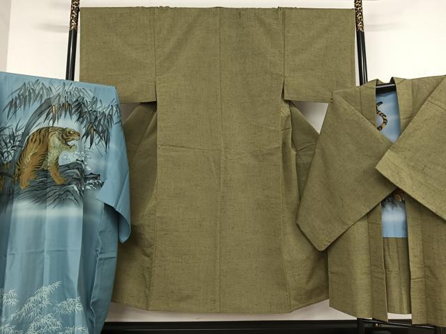 平和屋着物▽男性 紬 アンサンブル 長襦袢(単衣)セット 単衣 草色 正絹 逸品 AAAV9073np