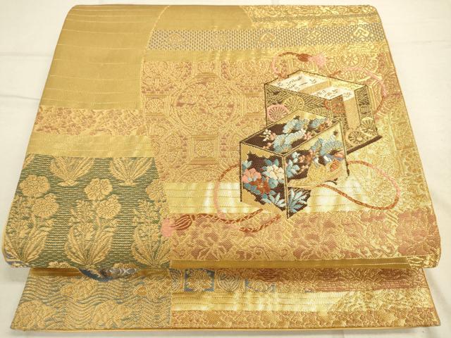 平和屋着物◎六通柄袋帯　利休名物裂　横段花文　金糸　引箔　正絹　逸品　DAAQ9136bc